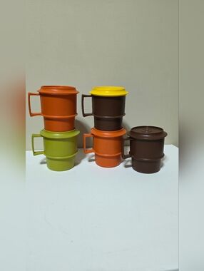 Vintage 70's Tupperware Stackable Mugs Harvest Color Coffee Tea Retro 1312